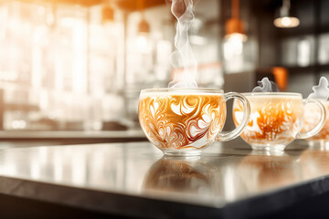 Wall Mural - Latte art coffee in glass cup with molten caramel. Generative AI illustration