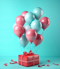 Poster - Birthday gift box with colorful ballon on pastel background created with Generative AI technology