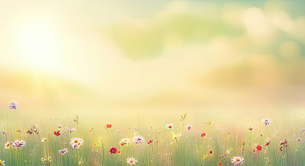 Wall Mural - abstract summer meadow landscape with copy space and tiny flowers generative ai illustration