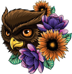 Sticker - Owl head with flower and leaves on white background. vector illustration digital hand draw