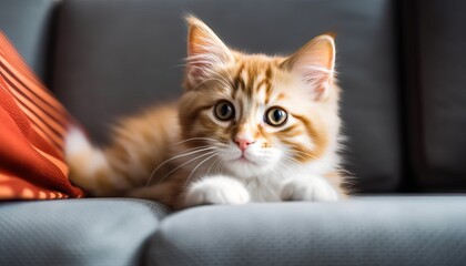 A cute red striped young cat lies on a gray sofa and looks attentively