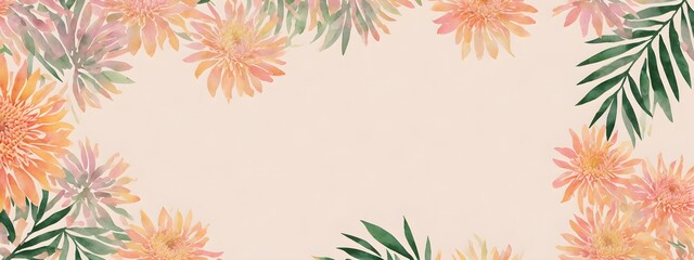 Wall Mural - Watercolor drawing with chrysanthemums and leaves. Mother's Day card. Floral pattern for wallpaper or fabric. Templates for design, botanical illustration in watercolor style. Generative AI