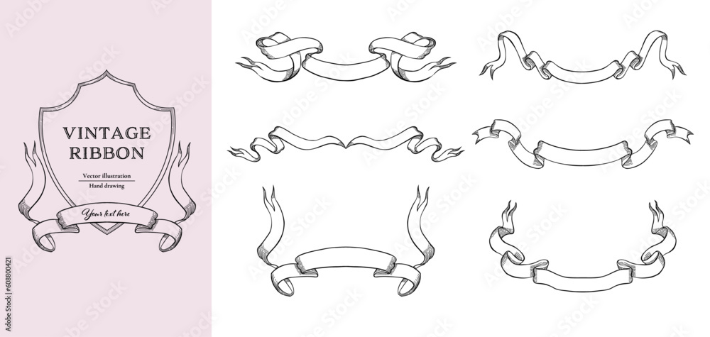 Black line vintage ribbons vector illustration set. Hand drawn line art ...