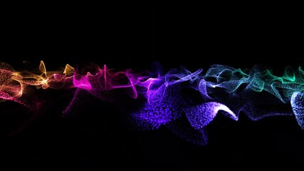 Wall Mural - Glow pink purple blue digital landscape. Wavy particle. Waves dots. Isolated on black. 4k 60fps. Motion background. Block chain or digital technology concept. 3D rendering.