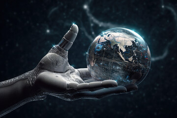 Wall Mural - Robot hand holds planet on abstract background. Global world in hand of artificial intelligence. Technology development and machine learning. Created with Generative AI