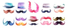 Set Of Retro Moustache, Isolated Watercolor Hand Drawn Design With Clear Silhouettes, Nice On Any Color Background. Generative Ai.