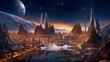 futuristic cyberpunk city skyline colony on alien planet. Generative AI.