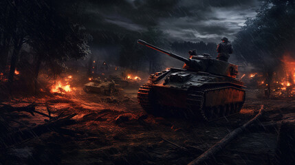 Canvas Print - panzer in battle during night, war, soldiers, generative ai 