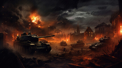 Canvas Print - panzer in battle during night, war, soldiers, generative ai 