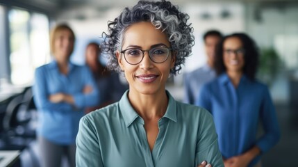 attractive businesswoman woman posing at her work place with coworkers in the background. generative