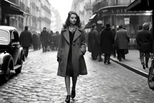 Young Woman Walking In Paris In 1950. Monochromatic Vintage. This Image Was Created With Generative AI	