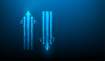 Wall Mural - stock market investment graph arrow up and down technology on blue background. business trading increase and decrease. vector illustration fantastic hi tech design. download and upload speed.