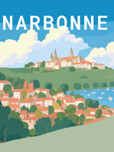 Narbonne: Retro Tourism Poster With A French Landscape And The Headline Narbonne / Occitanie