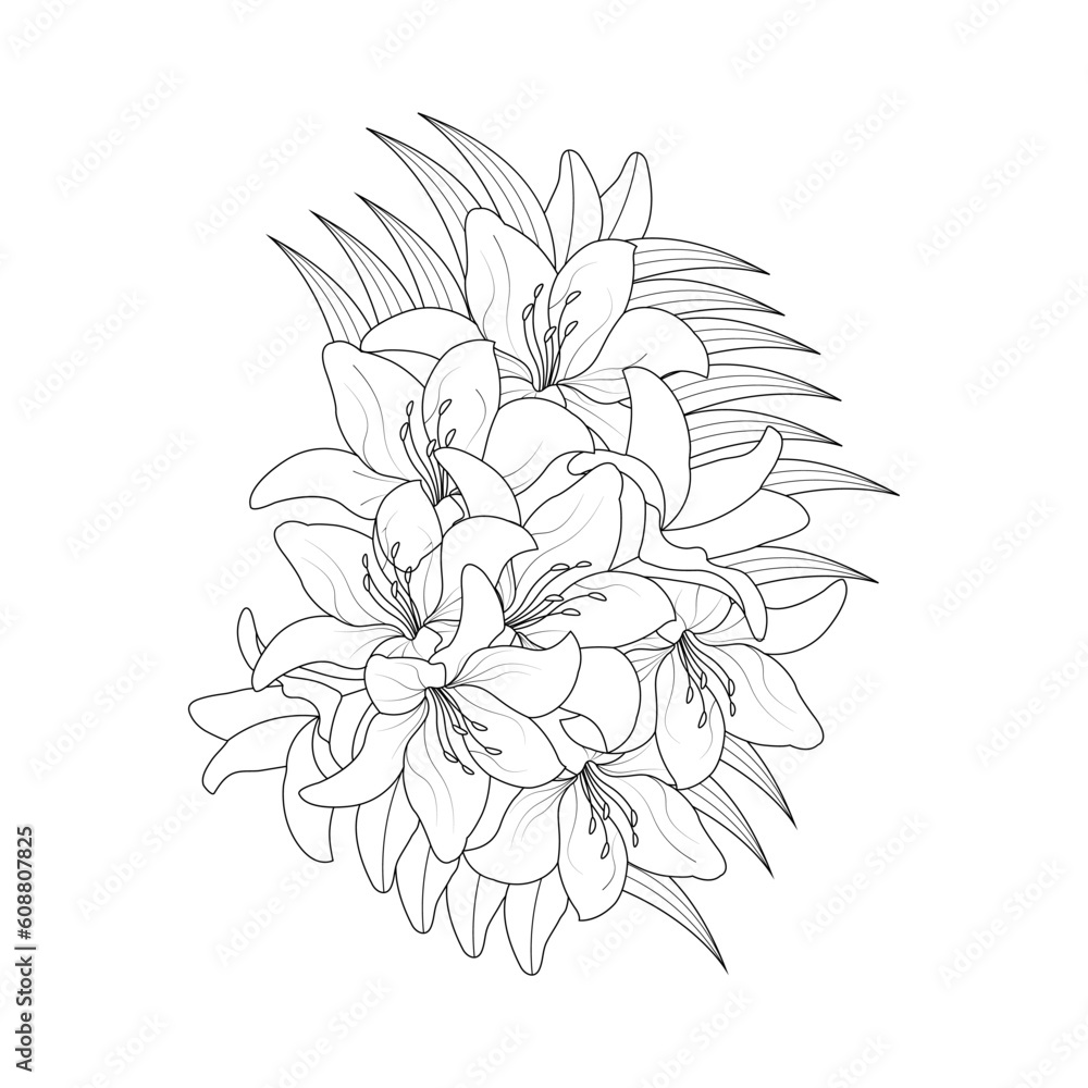 Lily Flower Coloring page Hand Drawn illustration With Line Art Stock ...