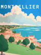 Montpellier: Retro tourism poster with a French landscape and the headline Montpellier / Occitanie
