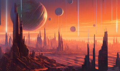 Poster -  a futuristic city with a lot of planets in the sky.  generative ai