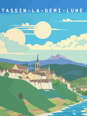 Tassin-la-Demi-Lune: Retro tourism poster with a French landscape and the headline Tassin-la-Demi-Lune / Auvergne-Rhône-Alpes