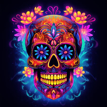 Sugar Skull  In Neon Light For Day Of The Dead Celebrations, Created With Generative AI Technology