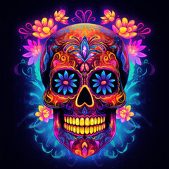 sugar skull  in neon light for Day of the Dead celebrations, created with Generative AI Technology