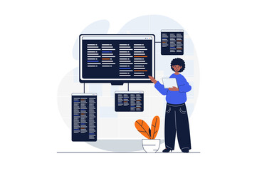 Aufkleber - Programming web concept with character scene. Man developer coding and making program at different screens. People situation in flat design. Illustration for social media marketing material.