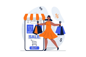 Wall Mural - Shopping web concept with character scene. Woman making purchases and ordering online in mobile application. People situation in flat design. Illustration for social media marketing material.