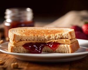 Wall Mural - Sweet toasts with penaut butter and jam in plate on wooden table. AI generated