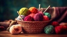Basket With Knitting Yarn And Knitting Needles On Wooden Table, AI Generated