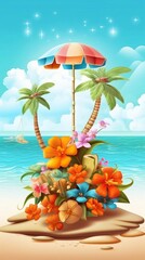 Wall Mural - Summer umbrella with palm trees, flowers and sand on island, beach umbrella, beach chair, banner design, on cloud and sand beach island background. Vector illustration wit AI generation