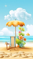 Wall Mural - Summer umbrella with palm trees, flowers and sand on island, beach umbrella, beach chair, banner design, on cloud and sand beach island background. Vector illustration wit AI generation