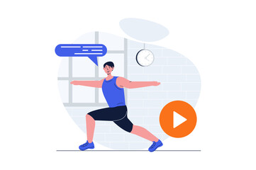 Aufkleber - Sport training web concept with character scene. Man in sportswear doing morning workout and practice pilates. People situation in flat design. Illustration for social media marketing material.