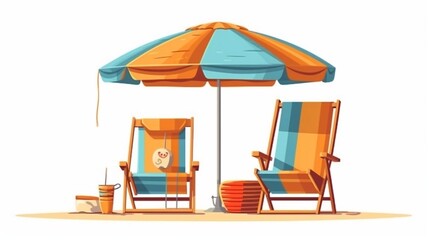 Wall Mural - Chairs And Umbrella In Tropical resort near sea. Vector illustration with AI generated