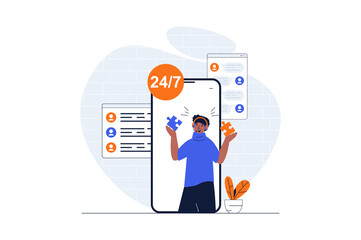Poster - Customer support web concept with character scene. Man finds solutions and consults clients a mobile app. People situation in flat design. Illustration for social media marketing material.