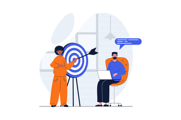 Leinwandbilder - Teamwork web concept with character scene. Man and woman working together at project and targeting goals. People situation in flat design. Illustration for social media marketing material.