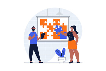 Fototapete - Teamwork web concept with character scene. Man and woman collecting puzzles and working together at project. People situation in flat design. Illustration for social media marketing material.