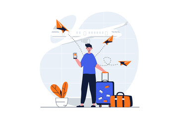 Poster - Travelling web concept with character scene. Man with suitcase waiting for flight on vacation in airport. People situation in flat design. Illustration for social media marketing material.