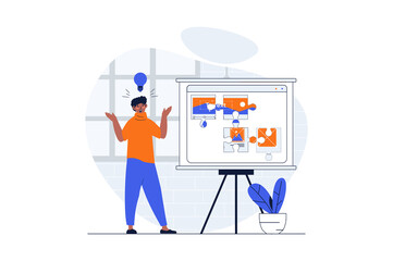 Web design concept with character scene. Man creating online page layouts and placing elements using platform. People situation in flat design. Illustration for social media marketing material.