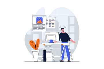 Wall Mural - Web design concept with character scene. Man creating layouts and working with code, making optimization. People situation in flat design. Illustration for social media marketing material.