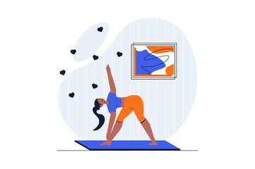 Aufkleber - Yoga asanas concept with character scene. Woman practising yoga poses, doing stretching exercises or pilates. People situation in flat design. Illustration for social media marketing material.