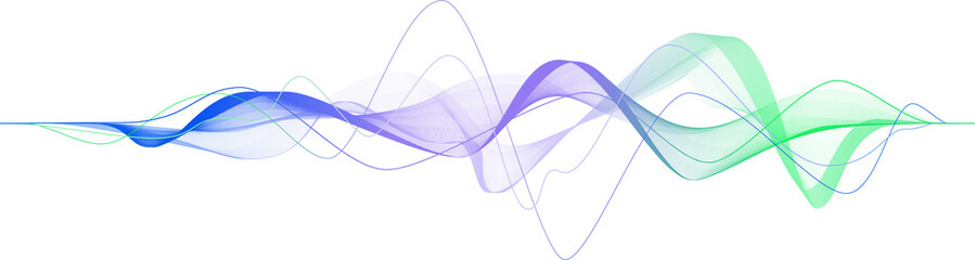 Data transmission, sound wave, technology, space transformation. Abstract green-purple-blue wave on transparent background for web design, presentation design, web banners. Design element