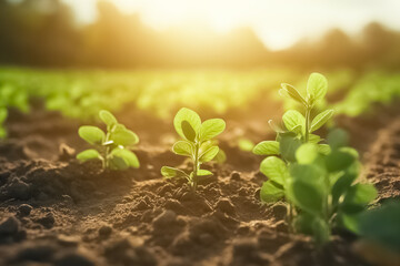 Wall Mural - Soy agriculture. Soy field lit by beams of warm early morning light. Green soybean field, agricultural landscape. 
