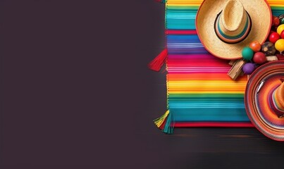 Sticker -  a mexican hat, a colorful blanket, and a tassel on a table.  generative ai