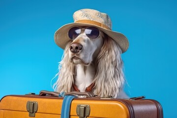 Poster - Afghan hound breed dog, wearing sunglasses, wearing a hat, with suitcases for vacation, summer travel concept. Generative AI