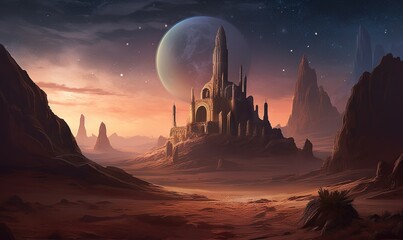 Wall Mural -  a fantasy landscape with a castle in the middle of the desert.  generative ai