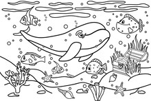 Children's Coloring Book With Outline. Underwater World, Treasure Chest, Gold, Shells, Algae, Fish, Fry, Whale, Shark, Sand, Corals. Vector Stock Illustration