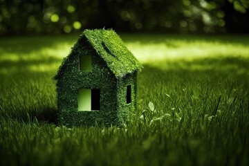 Sticker - On the verdant grass, there is a little Eco House. Generative AI