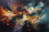 Fototapeta  - A photorealistic abstract painting of a rapidly changing sky, with bold colors and chaotic shapes blending together in a captivating dance of light and dark.