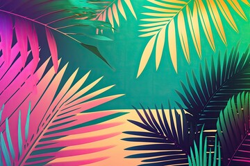 Poster - Tropical and palm leaves in vibrant holographic gradient colors. Artwork with a conceptual theme. Surrealism at its most fundamental. Generative AI