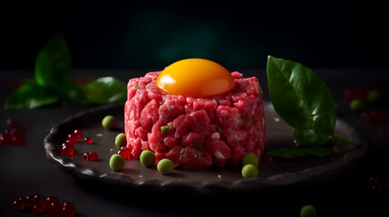 Wall Mural - Immerse yourself in the authentic flavors of Japan with a stunning presentation of raw minced meat tartare topped with a vibrant red egg!