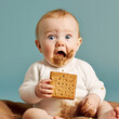 The cute little baby is sitting and enjoying eating cookies. Generative AI