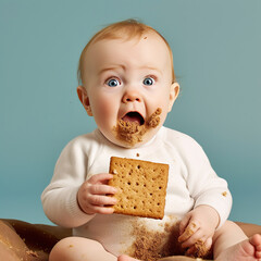 the cute little baby is sitting and enjoying eating cookies. generative ai